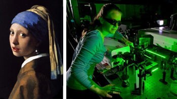 Sarah Thompson aligns the femtosecond transient absorption system that she uses in her laser research on the red lake class of art pigments.
